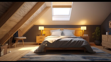 Obraz premium Attic bedroom with a large bed and sun from findow, generative ai