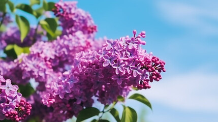 Obraz premium Purple lilac flowers on a background of blue sky with clouds. Generative AI