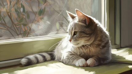Cute foldeared cat on window with sun from it, generative ai