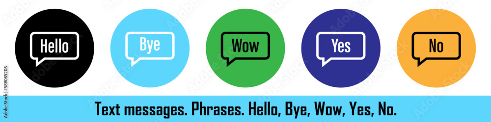 Poster text messages. answers on messages. hi, bye, no, yes sms or texts. speech bubbles. vector