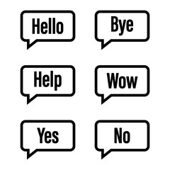 Text messages. Short reactions. Hello, bye, help, wow, yes and no texts. Messaging/texting or chatting. Vector