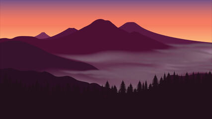 Seamless forest landscape. Colorful silhouette with trees, pines, firs, mountains and hills. Layered background with parallax effect. Flat style vector illustration. Simple cartoon design.