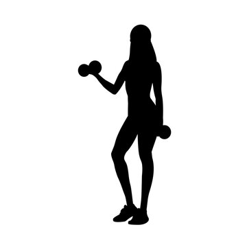 Silhouette of fitness women in sportswear standing and doing a workout with the dumbbells. Workout and sports training concept. Vector illustration