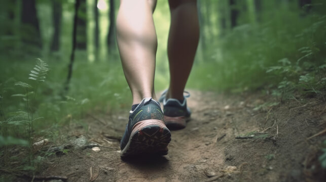 Close up hiking shoes view from behind fitness woman, generative ai