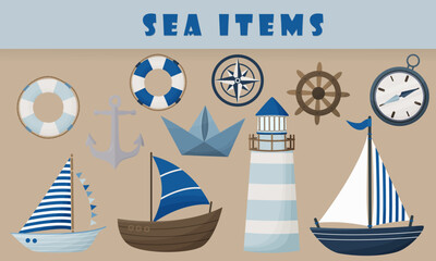 Fototapeta na wymiar A set of different items including a lighthouse a ship a boat a boat a lighthouse