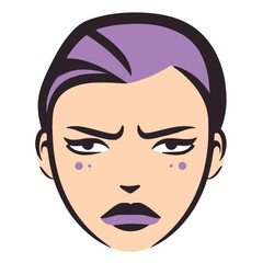 Young purple hair woman's face with upset facial expression