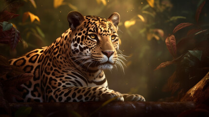 Jaguar with dramatic lighting in sunset in jungle, generative ai