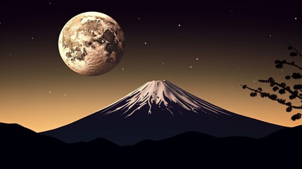 Crescent moon over Mount Fuji in japan, generative ai