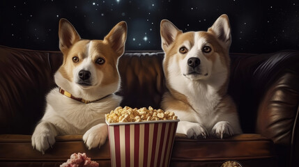 Dogs are watching movie with popcorn, generative ai