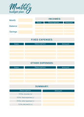 Printable personal monthly budget planner, vector illustration