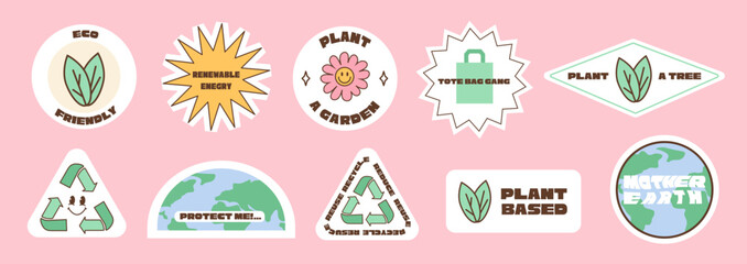 Trendy environmental quotes and symbols in retro style. Sticker pack save the planet. Earth Day collection of badges, logo or labels. Vintage eco green funny vector illustration.