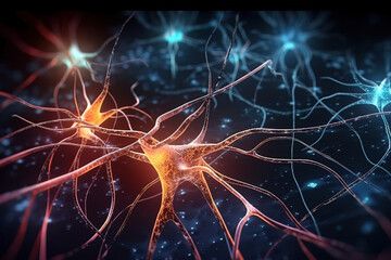 Naklejka na ściany i meble Neurons cells with glowing light, Neuroscience, 8k, wallpaper