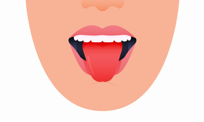 Cropped Female Face with Beautiful Smile White Teeth Mouth Open Showing Tongue. Modern Flat Vector Illustration.