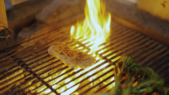 Pork and Broccolini on Charcoal Fire Grill