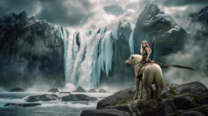 Fantasy landscape with giant snow lion from prehistoric age in winter, generative ai