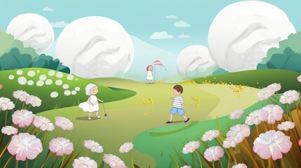 Fototapeta na wymiar Field of white flowers with utopic background and white clouds, generative ai