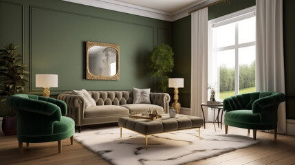 Full view of living room in olive color, generative ai