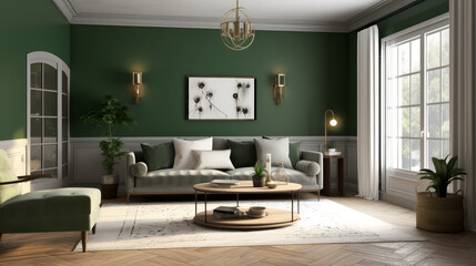 Full view of living room in olive color, generative ai