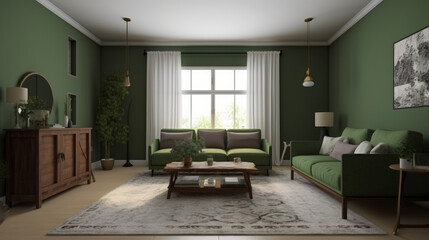 Fototapeta na wymiar Full view of living room in olive color, generative ai