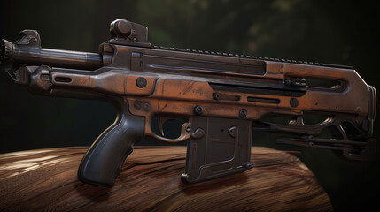Highly stylized bullpup submachine gun made of rusty steel, generative ai