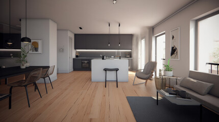 Fototapeta na wymiar Interior of modern kitchen with a lot of light, generative ai
