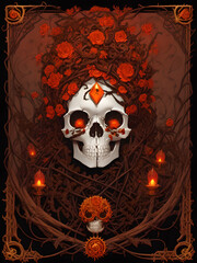 Tarot card with skulls, vines and roses - poster design - the death - generative ai generativ ki - digital painting - death card - human skull wrapped in vines with ornate border - ink - mortality
