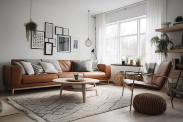 Naklejka na ściany i meble A sofa, light, and white walls make for a bright and cozy modern living room, generative AI