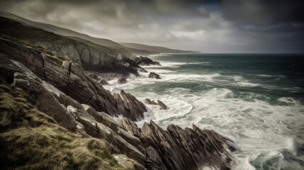 Fototapeta na wymiar Irish coastline with sea waves and dramatic clouds, generative ai