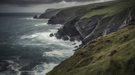 Irish coastline with sea waves and dramatic clouds, generative ai