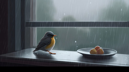 Small bird sitting on window with rain behind him, generative ai