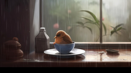 Small bird sitting on window with rain behind him, generative ai