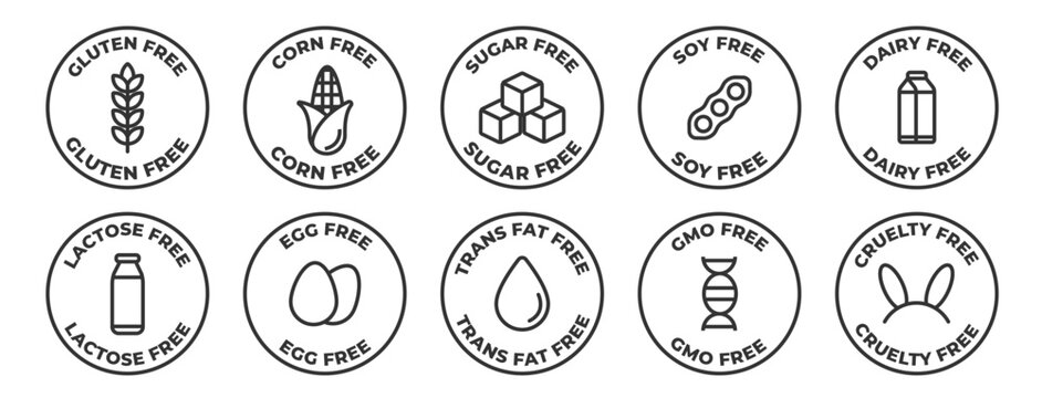 Allergen free icons set. Gluten, corn, sugar, soy, dairy, lactose, egg, trans fat, gmo, and cruelty free icon collection - Stock vector