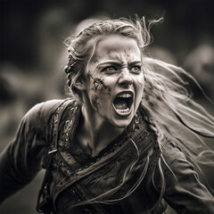 Medieval female Viking warrior screaming in battle, Generative AI