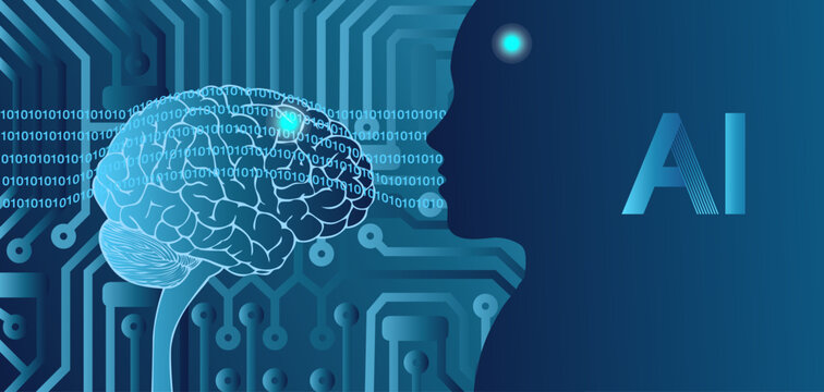 Banni&egrave;re sur le th&egrave;me scientifique de l&rsquo;intelligence artificielle avec un cerveau dessin&eacute; comme un extraterrestre face &agrave; face avec une silhouette humaine sur un fond de circuit informatique. 