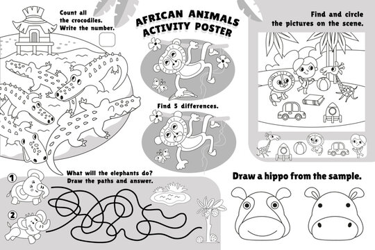 African animals activity poster. Connect pairs, maze, find differences, write numbers. Coloring page. Black and white games for kids in preschool. Cute cartoon characters.