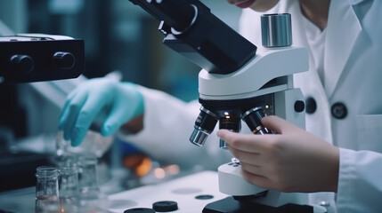 Medical laboratory scientist hands using microscope, generative ai