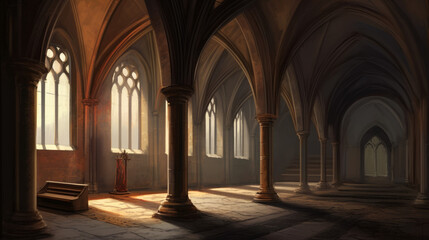 Medieval interior of 13th century with giants arches, generative ai