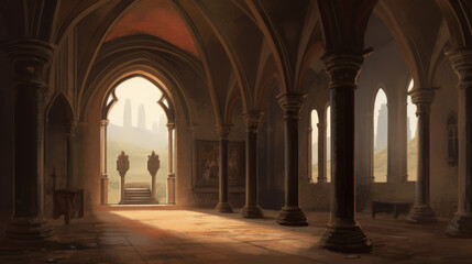 Fototapeta premium Medieval interior of 13th century with giants arches, generative ai