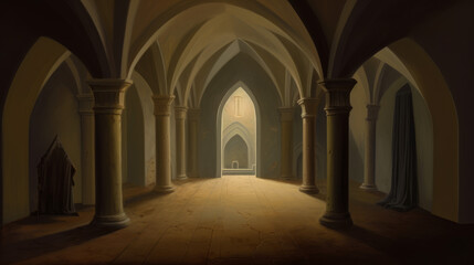 Fototapeta premium Medieval interior of 13th century with giants arches, generative ai