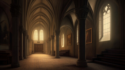 Fototapeta premium Medieval interior of 13th century with giants arches, generative ai