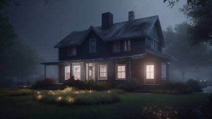 House in night with lights on country, generative ai