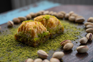 Turkish Cuisine Background Photo, Traditional Turkish Pistachio Baklava, Üsküdar Istanbul, Turkey