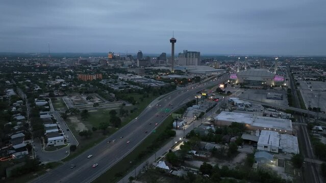 Downtown San Antonio, Texas skyline in the early evening with drone video moving in.