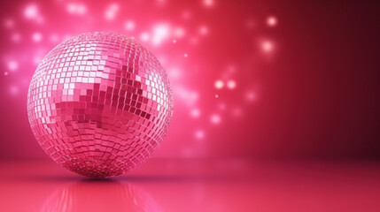 Fototapeta na wymiar Pink glitter discoball sparkle lighting, disco party in pink color, generative ai
