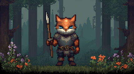 Pixel art close up of a cat knight in armor and with weapon in paw, generative ai