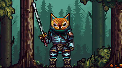 Pixel art close up of a cat knight in armor and with weapon in paw, generative ai