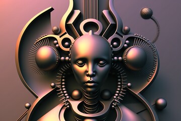 surreal metallic portrait of a woman, modern abstract cooper relief with futuristic ornaments, fictional person created with generative ai