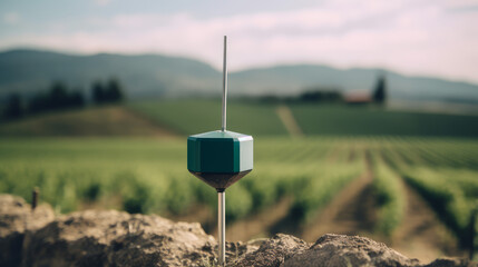Small device LoRaWAN sensor tech on dark green soil and vineyard, generative ai