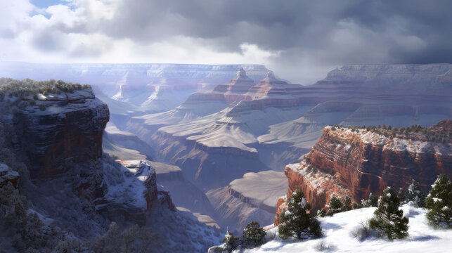 Snowfall at the Grand Canyon, Landscape with grand canyon with clouds, generative ai