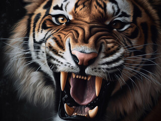 Roaring tiger illustration. Head of a big cat. Tiger attack. Generative AI illustration.